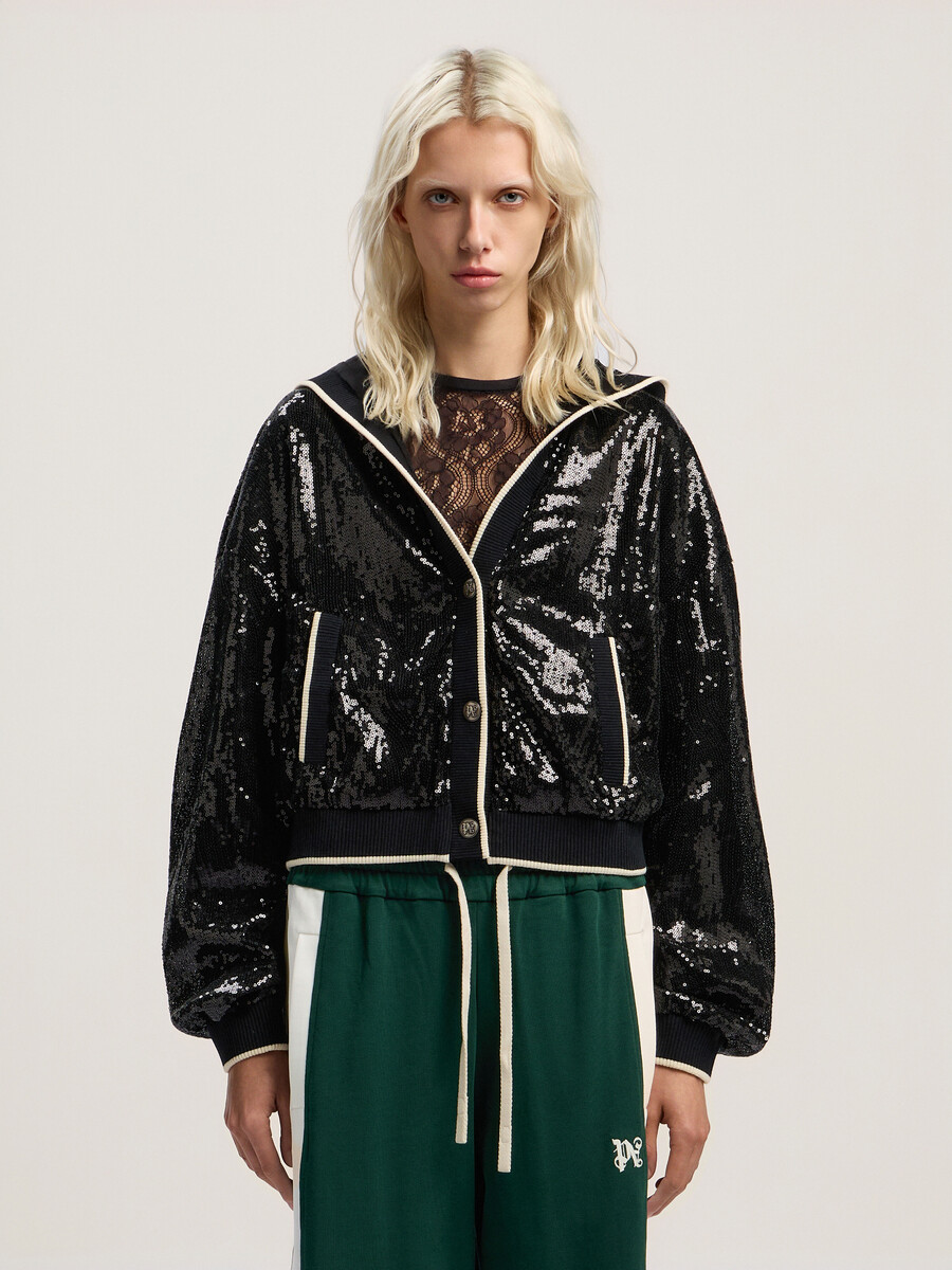 curved logo sequin crop jacket