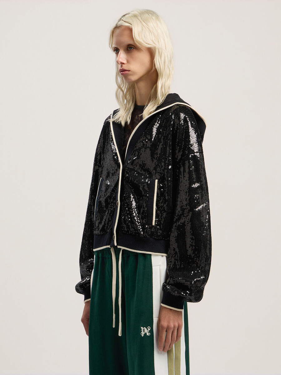 curved logo sequin crop jacket
