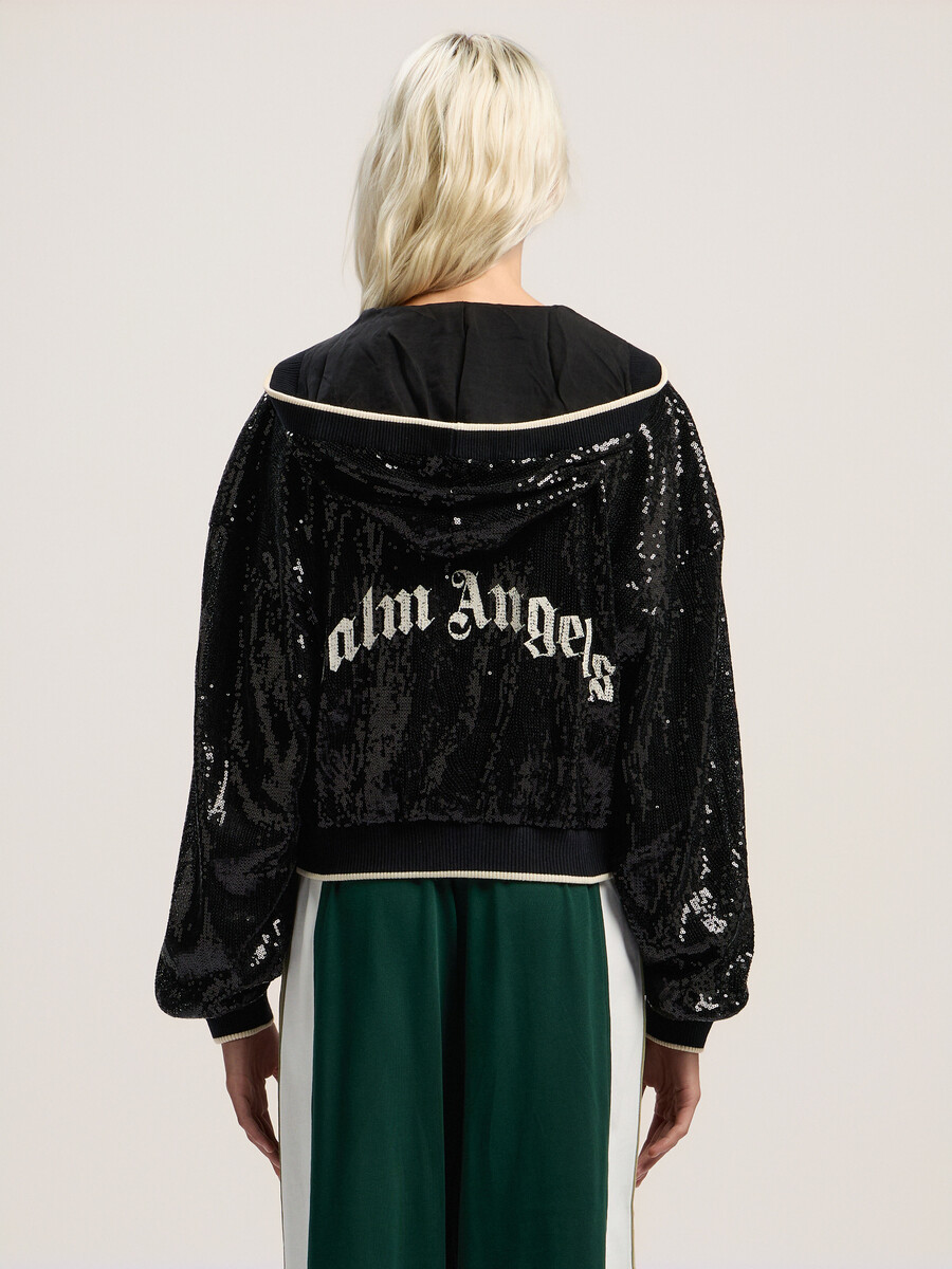 curved logo sequin crop jacket