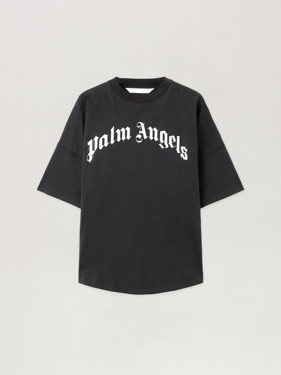 curved logo over tee