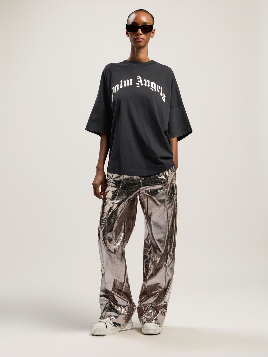 curved logo over tee