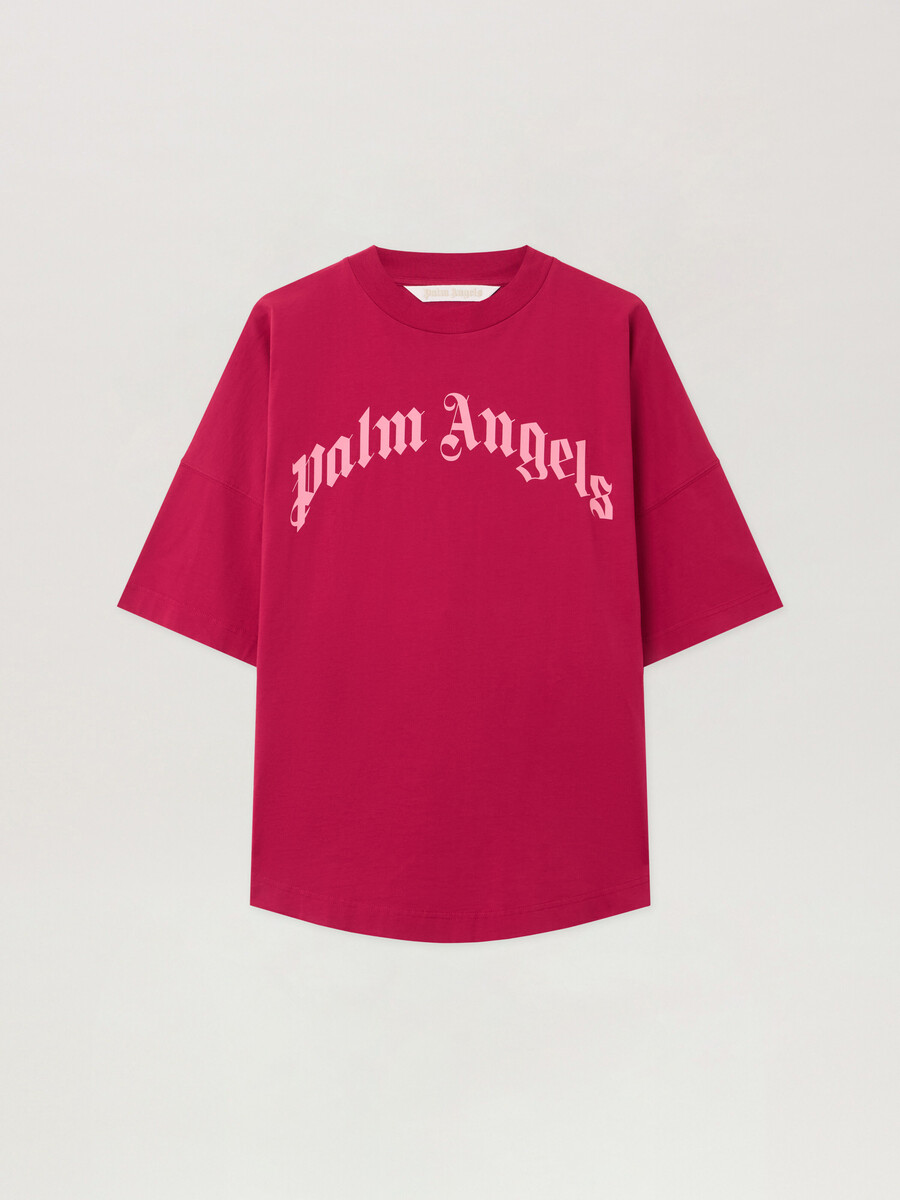 curved logo over t-shirt