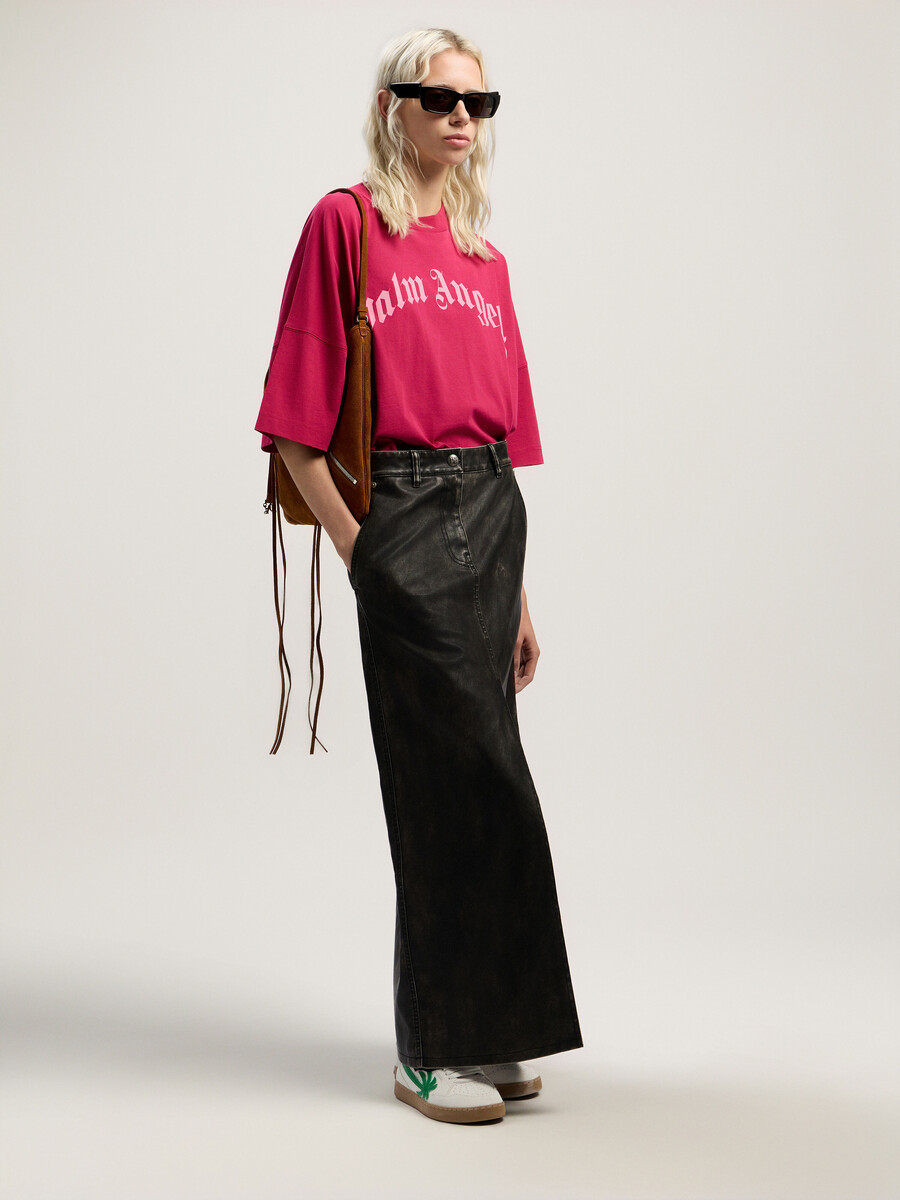 curved logo over t-shirt
