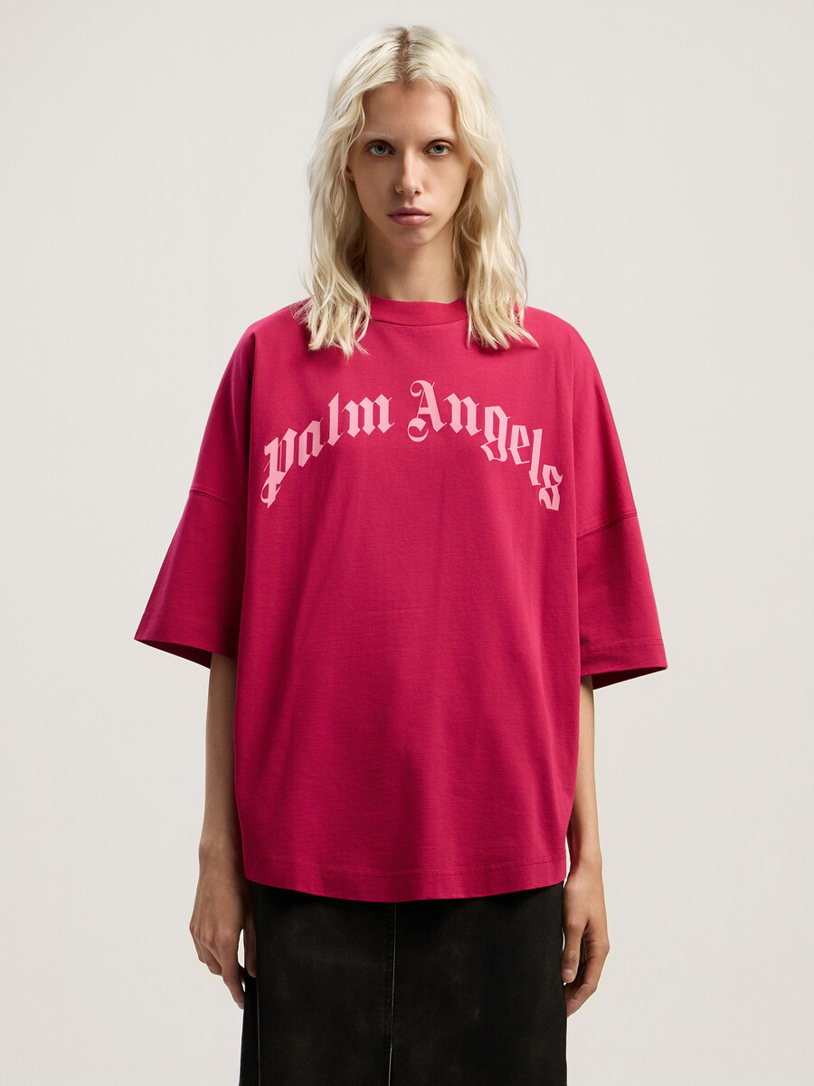 curved logo over t-shirt