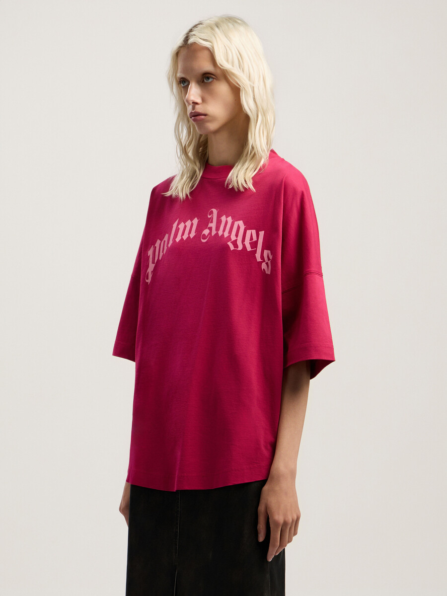 curved logo over t-shirt