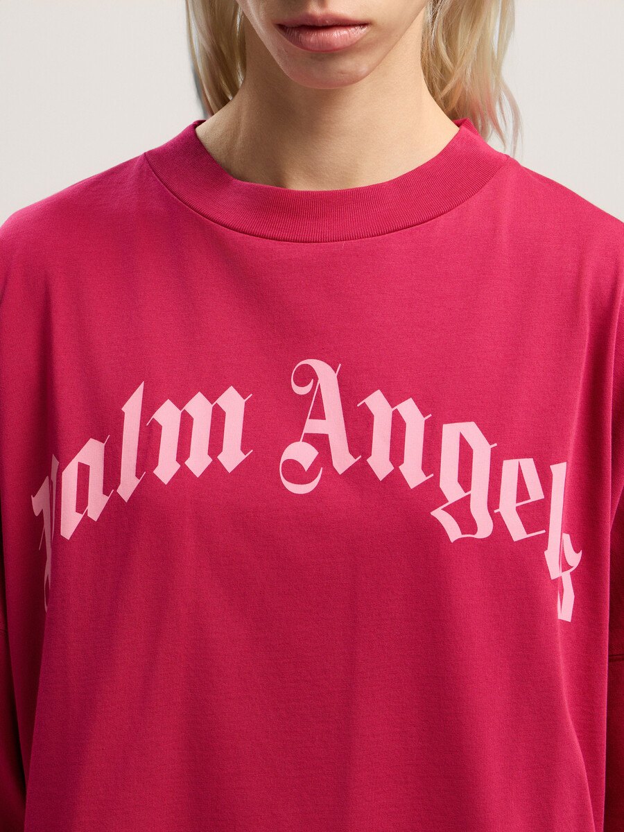curved logo over t-shirt