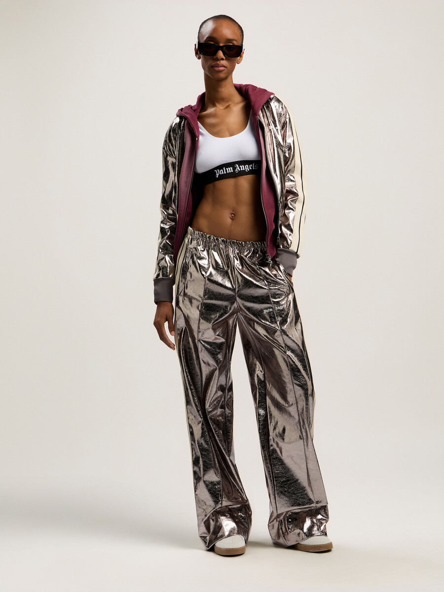 laminated wide-leg track pants